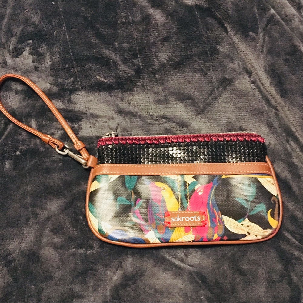 Rare SAKROOTS Zipper Closure Double Stitched Unique Graphics Purse Wristlet